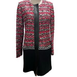 Milly Red Black White Tweed Pattern Black Leather Jacket Pea Coat Sz 2/Xs USA